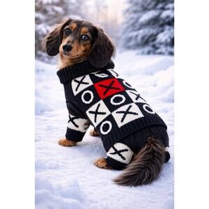 Valentine Knit Dog Sweater Size 14 Tic Tac Toe Pattern Black White Red Cozy Sm